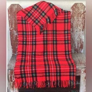 Vintage Troy Leisure U.S.A Classic Red Plaid Wool Fringed Blanket